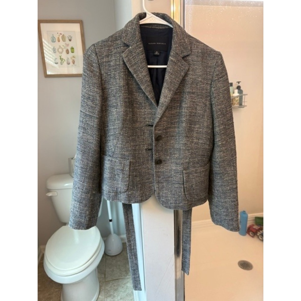 Banana Republic Women's Gray Tweed Linen Silk Wool Blazer Jacket Belted Back